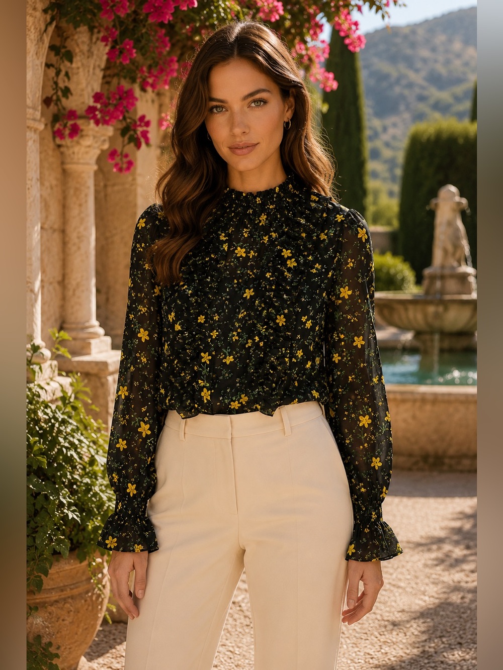 🌼💛 Zara Sheer Black and Yellow Floral Print Blouse 💛🌼